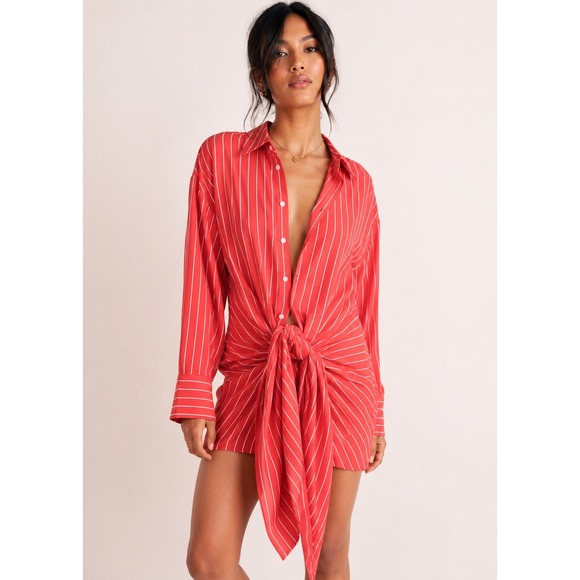 Bardot Dresses & Skirts - Bardot Red White Striped Front Tie Mini Shirt Dress Urban Outfitters Small